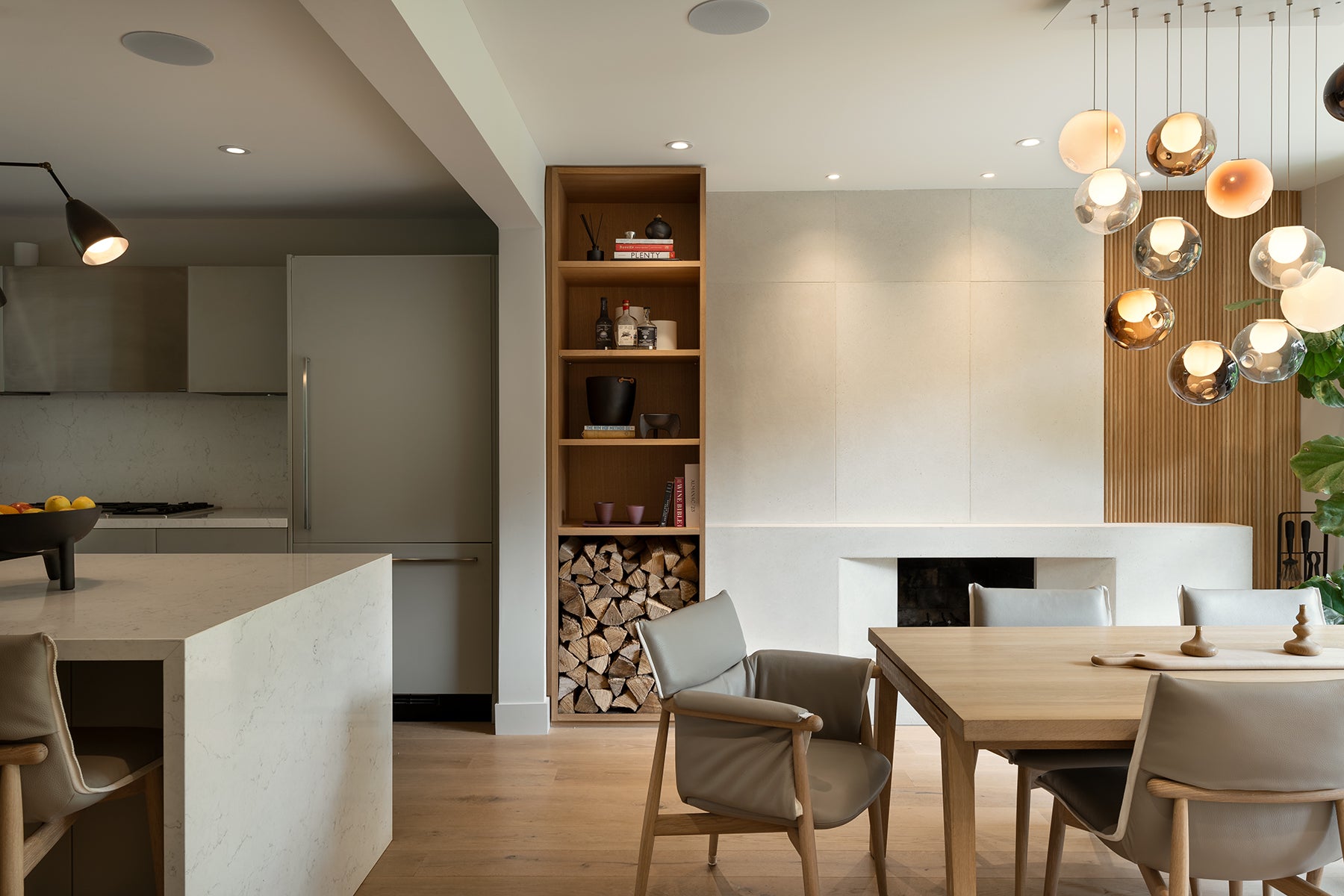 an interior view with midcentury modern furniture and northern wide wood planks on the floor