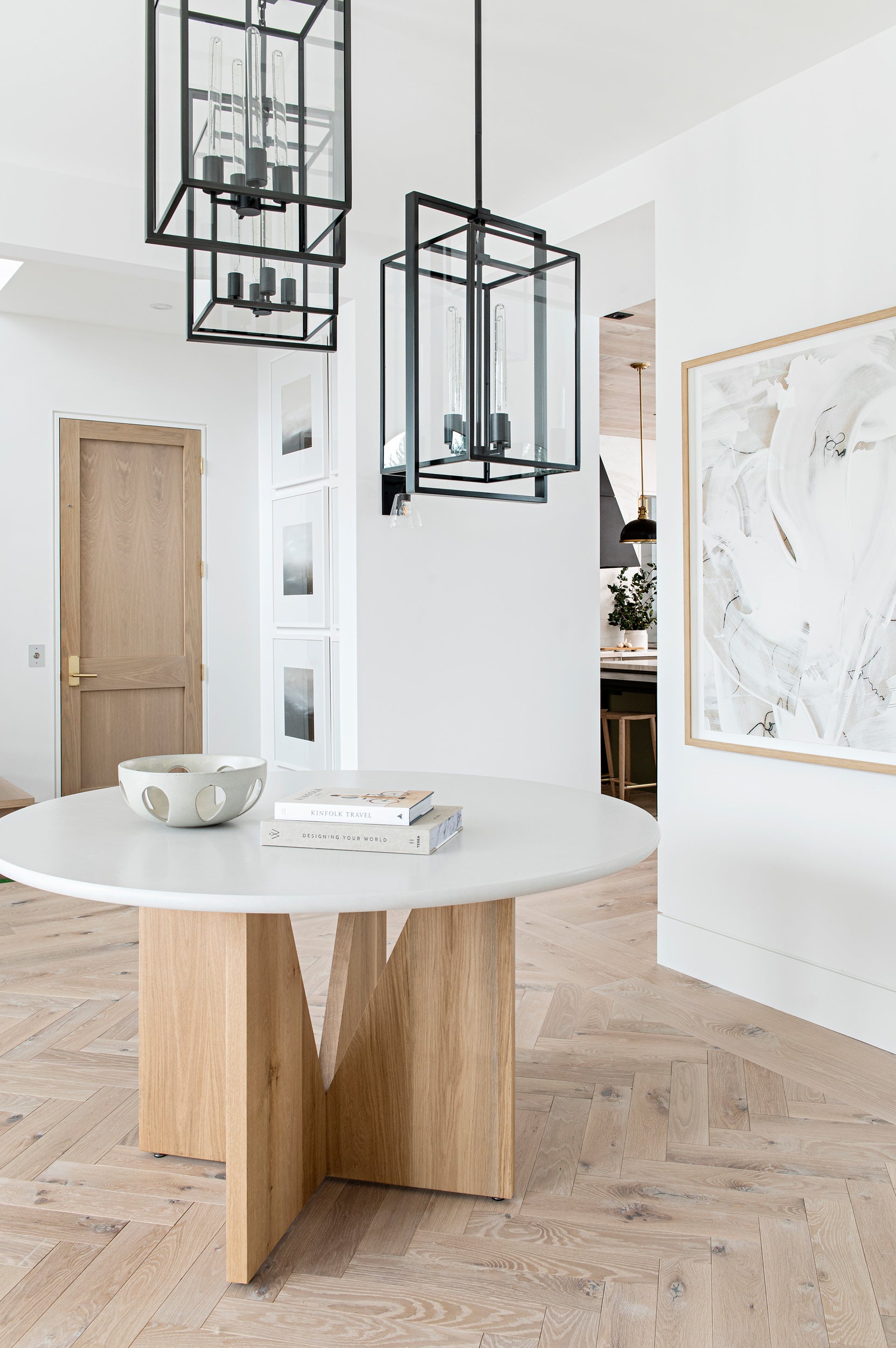 an interior view with midcentury modern furniture and northern wide wood planks on the floor